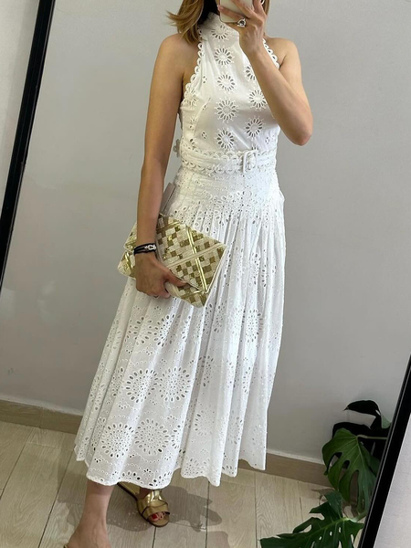 Regular Fit Elegant Floral Halter Sleeveless Maxi Dress With Belt, White, Maxi Dresses
Regular Fit Elegant Floral Halter Sleeveless Maxi Dress With Belt, White, Maxi Dresses