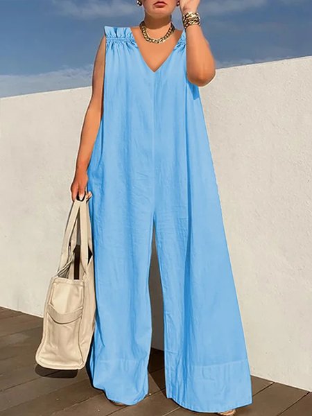 V Neck Casual Loose Plain Jumpsuit, Blue, Jumpsuits