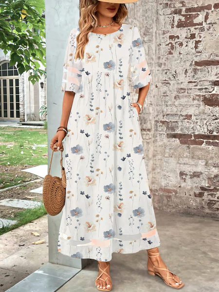 Women Floral Crew Neck Short Sleeve Comfy Casual Buckle Maxi Dress, White, Dresses
Women Floral Crew Neck Short Sleeve Comfy Casual Buckle Maxi Dress, White, Dresses