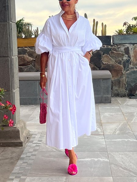 Loose Casual Shirt Collar Plain Short Sleeve Midi Dress With Belt, White, Midi Dresses
Loose Casual Shirt Collar Plain Short Sleeve Midi Dress With Belt, White, Midi Dresses