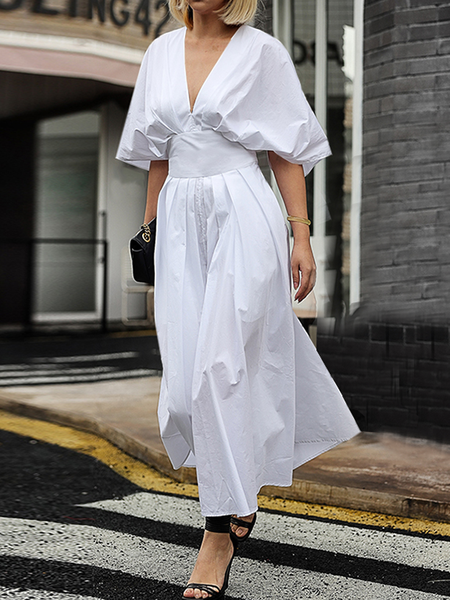 Regular Fit Plain V Neck Short Sleeve Cotton Elegant Maxi Dress, White, Maxi Dresses
Regular Fit Plain V Neck Short Sleeve Cotton Elegant Maxi Dress, White, Maxi Dresses