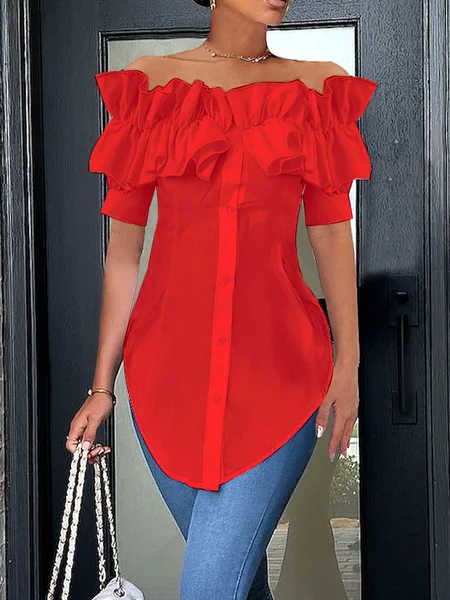 Elegant Off Shoulder Ruffle Short Sleeve Button-Down Blouse, Red, Blouses and Shirts
Elegant Off Shoulder Ruffle Short Sleeve Button-Down Blouse, Red, Blouses and Shirts