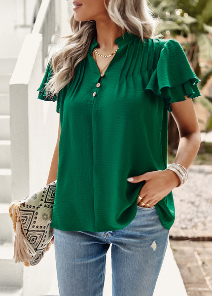 Plain Stand Collar Loose Casual Blouse, Green, Blouses & Shirts