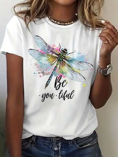 Casual Dragonfly Crew Neck Short Sleeve T-shirt, White, T-shirts