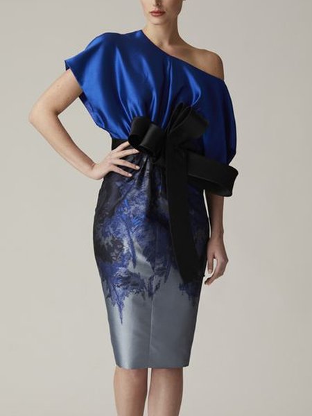 Elegant Regular Fit Dress With Belt, Blue, Midi Dresses