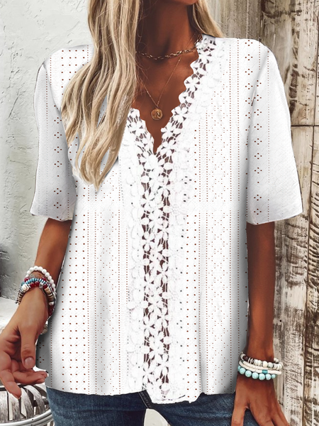 V Neck Short Sleeve Plain Lace Regular Micro-Elasticity Loose Blouse For Women, White, Blouses
V Neck Short Sleeve Plain Lace Regular Micro-Elasticity Loose Blouse For Women, White, Blouses