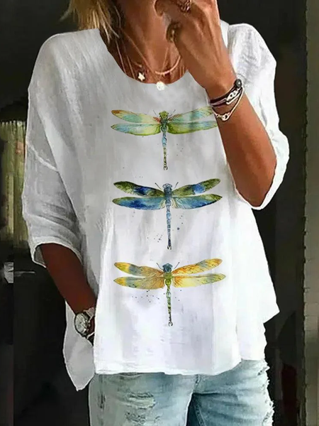 Crew Neck Three Quarter Sleeve Dragonfly Regular Loose Blouse For Women, White, Blouses
Crew Neck Three Quarter Sleeve Dragonfly Regular Loose Blouse For Women, White, Blouses
