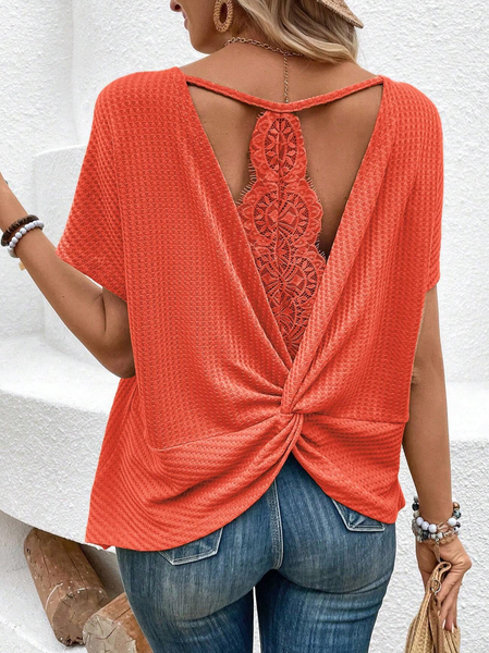 Crew Neck Short Sleeve Plain Lace Regular Micro-Elasticity Loose Blouse For Women, Rose red, Blouses
Crew Neck Short Sleeve Plain Lace Regular Micro-Elasticity Loose Blouse For Women, Rose red, Blouses