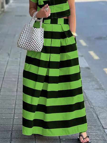 Loose Casual Pocket Stitching Striped Skirt, Green, Skirts