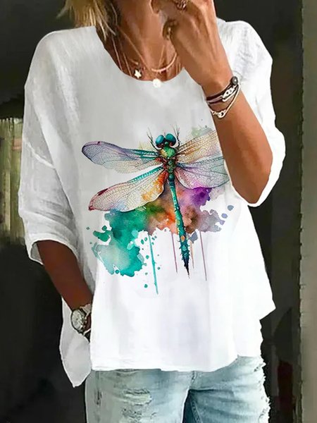 Crew Neck Three Quarter Sleeve Dragonfly Regular Loose Blouse For Women, White, Blouses
Crew Neck Three Quarter Sleeve Dragonfly Regular Loose Blouse For Women, White, Blouses