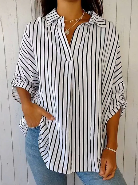 V Neck Three Quarter Sleeve Striped Regular Loose Blouse For Women, Black, Blouses
V Neck Three Quarter Sleeve Striped Regular Loose Blouse For Women, Black, Blouses