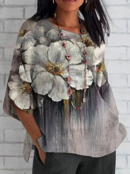 Crew Neck Three Quarter Sleeve Floral Buckle Regular Loose Blouse For Women, Gray, Blouses
Crew Neck Three Quarter Sleeve Floral Buckle Regular Loose Blouse For Women, Gray, Blouses