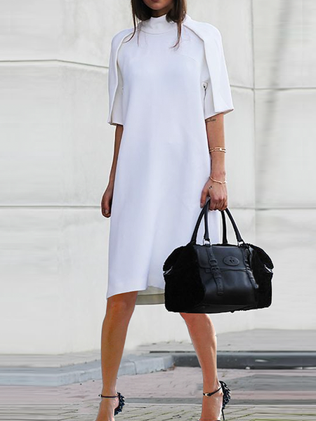 Stand Collar Short Sleeve Plain Elegant Loose Mini Dress, White, Mini Dresses