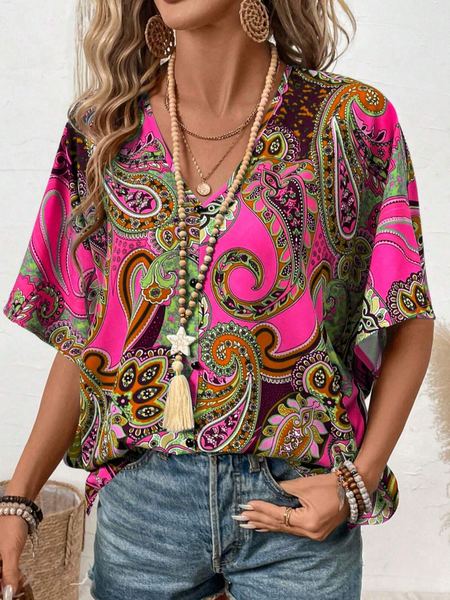 Women's Short Sleeve Blouse Summer Ethnic V Neck Daily Going Out Casual Top Rose Red, Blouses
Women's Short Sleeve Blouse Summer Ethnic V Neck Daily Going Out Casual Top Rose Red, Blouses