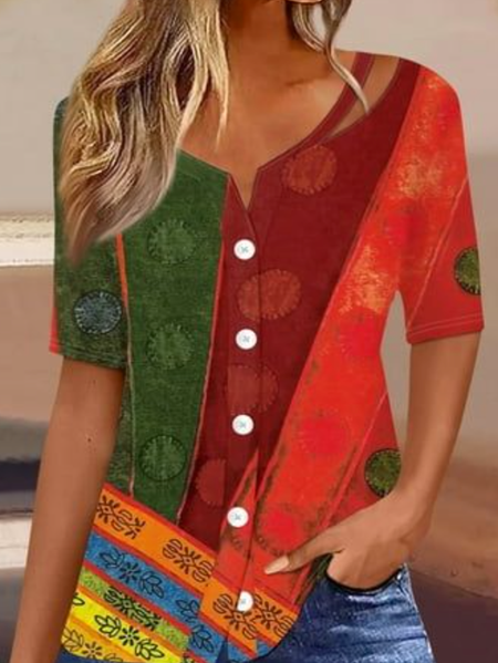 V Neck Short Sleeve Geometric Regular Micro-Elasticity Loose Shirt For Women, Red, Blouses
V Neck Short Sleeve Geometric Regular Micro-Elasticity Loose Shirt For Women, Red, Blouses