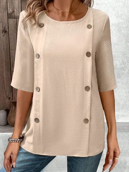 Crew Neck Half Sleeve Plain Buckle Regular Loose Blouse For Women, Apricot, Blouses
Crew Neck Half Sleeve Plain Buckle Regular Loose Blouse For Women, Apricot, Blouses