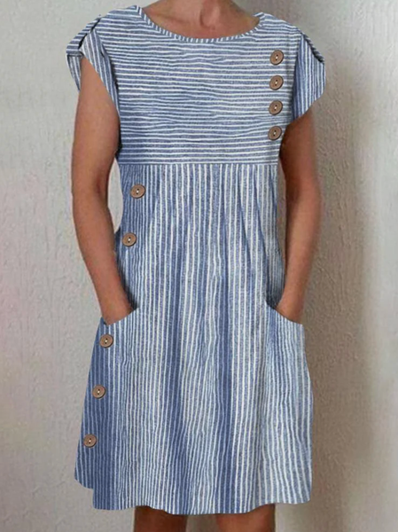 Women Striped Crew Neck Short Sleeve Comfy Casual Buckle Maxi Dress, Blue, Dresses