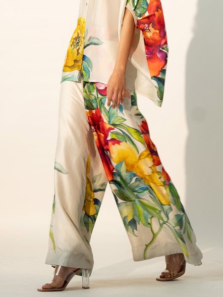 Floral Elegant High Waist Fashion Wide leg Pants, As picture, Pants