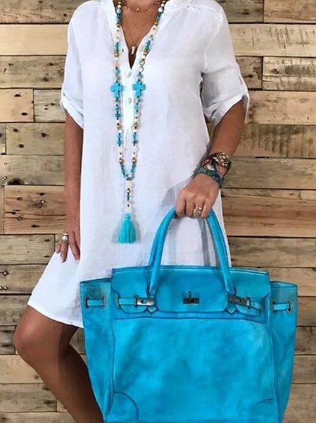 Casual Loose Cotton Dress With No, White, Midi Dresses