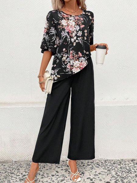 Women Floral Crew Neck Half Sleeve Comfy Casual Top With Pants Two-Piece Set, Black, Sets
Women Floral Crew Neck Half Sleeve Comfy Casual Top With Pants Two-Piece Set, Black, Sets