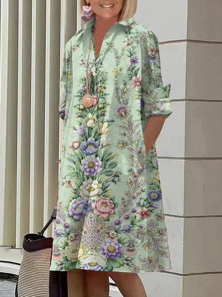 Women Floral Shirt Collar Three Quarter Sleeve Comfy Casual Midi Dress, Green, Midi
Women Floral Shirt Collar Three Quarter Sleeve Comfy Casual Midi Dress, Green, Midi