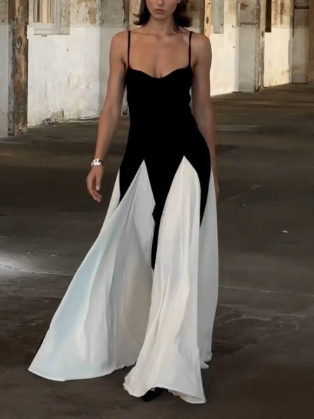 Spaghetti Elegant Regular Fit Color Block Maxi Dress, Black-white, Maxi Dresses