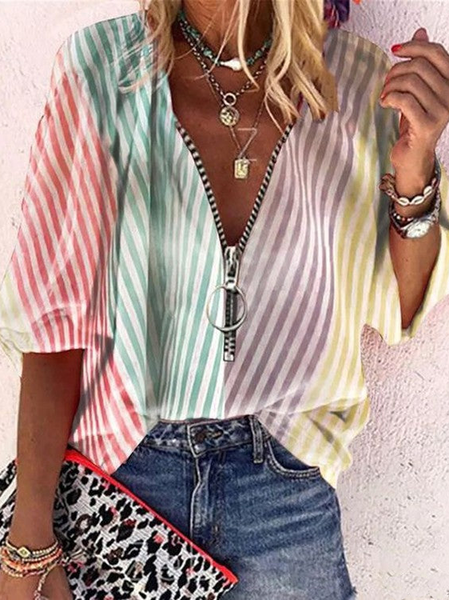 V Neck Long Sleeve Striped Zipper Regular Loose Shirt For Women, Multicolor, Shirts
V Neck Long Sleeve Striped Zipper Regular Loose Shirt For Women, Multicolor, Shirts