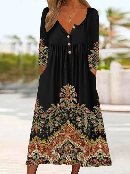 Women Ethnic Half Open Collar Long Sleeve Comfy Casual Buckle Midi Dress, Black, Dresses
Women Ethnic Half Open Collar Long Sleeve Comfy Casual Buckle Midi Dress, Black, Dresses