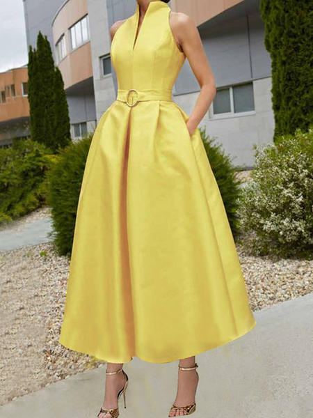 Elegant Stand Collar Sleeveless Regular Fit Plain Maxi Dress With Belt, Yellow, Maxi Dresses
Elegant Stand Collar Sleeveless Regular Fit Plain Maxi Dress With Belt, Yellow, Maxi Dresses