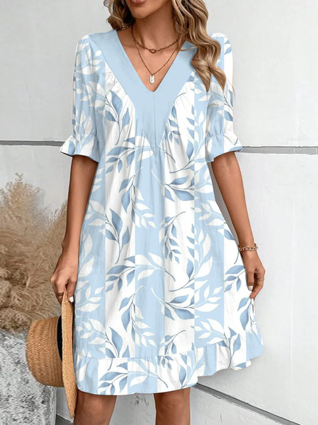 Women Floral V Neck Half Sleeve Comfy Casual Mini Dress, Blue, Dresses