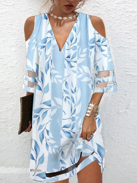 Women Floral V Neck Half Sleeve Comfy Casual Mesh Mini Dress, Blue, Dresses