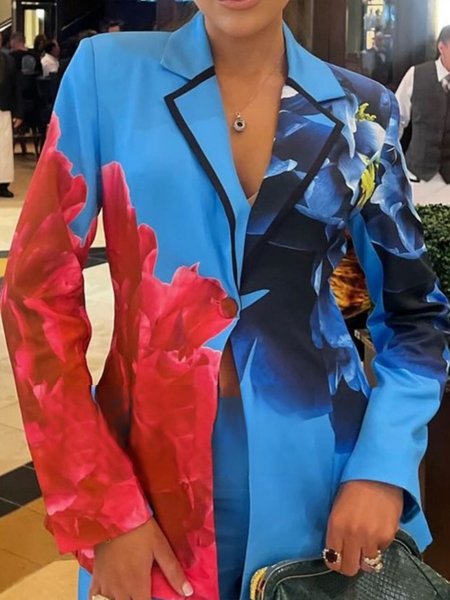 Lapel Collar Urban Regular Fit Floral Blazer, Blue, Blazers 
Lapel Collar Urban Regular Fit Floral Blazer, Blue, Blazers