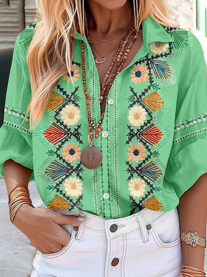 Shirt Collar Three Quarter Sleeve Floral Regular Loose Blouse For Women, Green, Blouses
Shirt Collar Three Quarter Sleeve Floral Regular Loose Blouse For Women, Green, Blouses