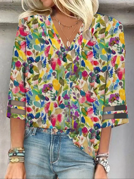 V Neck Three Quarter Sleeve Floral Mesh Regular Loose Blouse For Women, Multicolor, Blouses
V Neck Three Quarter Sleeve Floral Mesh Regular Loose Blouse For Women, Multicolor, Blouses