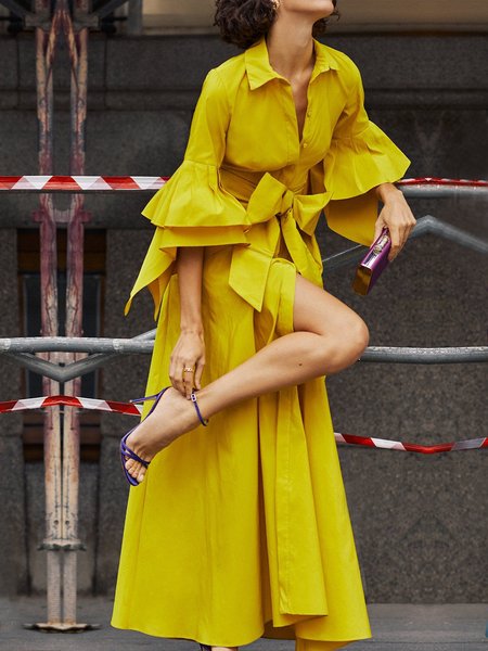 Elegant Bow Regular Fit Ruffle Sleeve Plain Dress With Belt, Yellow, Maxi Dresses
Elegant Bow Regular Fit Ruffle Sleeve Plain Dress With Belt, Yellow, Maxi Dresses