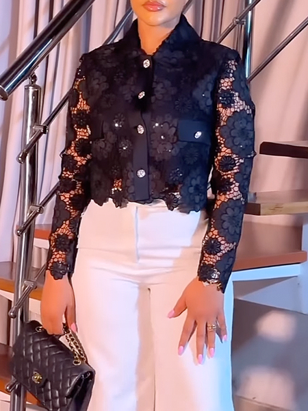 Elegant Plain Shirt Collar Long Sleeve Regular Sleeve Lace Shirt, Black, Blouses and Shirts
Elegant Plain Shirt Collar Long Sleeve Regular Sleeve Lace Shirt, Black, Blouses and Shirts