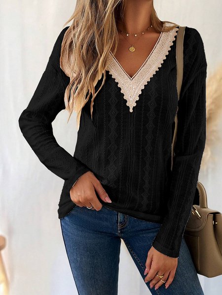 V Neck Long Sleeve Plain Lace Regular Regular Fit Blouse For Women, Black, Blouses
V Neck Long Sleeve Plain Lace Regular Regular Fit Blouse For Women, Black, Blouses