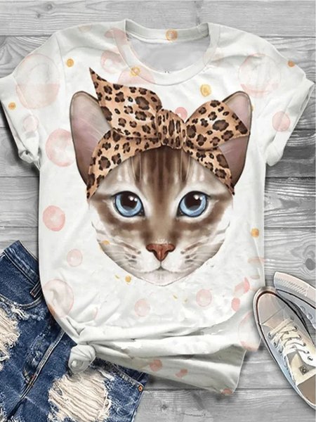 Casual Cat Crew Neck Short Sleeve T-shirt, White, T-shirts 
Casual Cat Crew Neck Short Sleeve T-shirt, White, T-shirts