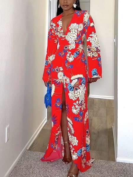 Floral Regular Fit Regular Sleeve Elegant Cross Neck Maxi Dress, Red, Maxi Dresses
Floral Regular Fit Regular Sleeve Elegant Cross Neck Maxi Dress, Red, Maxi Dresses