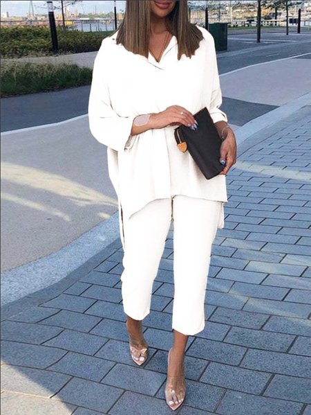 Women Plain Shawl Collar Long Sleeve Comfy Casual Top With Pants Two-Piece Set, White, Sets
Women Plain Shawl Collar Long Sleeve Comfy Casual Top With Pants Two-Piece Set, White, Sets