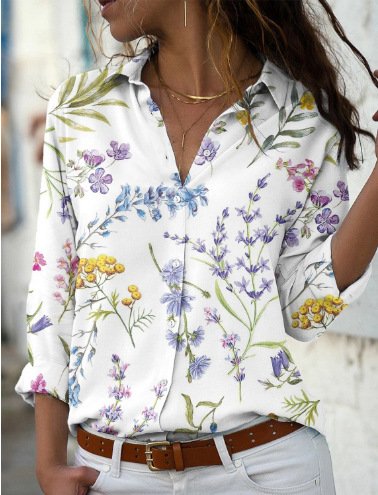 Shirt Collar Long Sleeve Floral Regular Loose Shirt For Women, White, Blouses
Shirt Collar Long Sleeve Floral Regular Loose Shirt For Women, White, Blouses
