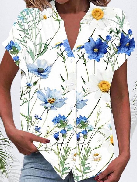 V Neck Short Sleeve Abstract Buckle Regular Micro-Elasticity Loose Shirt For Women, White-blue, Shirts
V Neck Short Sleeve Abstract Buckle Regular Micro-Elasticity Loose Shirt For Women, White-blue, Shirts