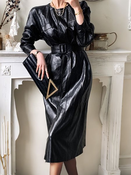 Plain Urban Regular Fit Faux Leather Midi Dress With Belt, Black, Midi Dresses
Plain Urban Regular Fit Faux Leather Midi Dress With Belt, Black, Midi Dresses
