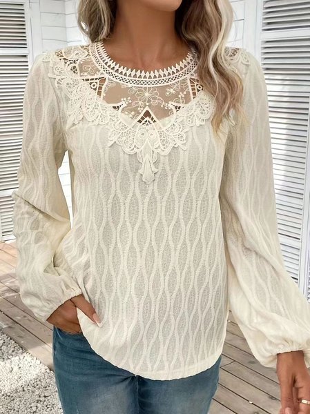 Crew Neck Long Sleeve Plain Lace Regular Micro-Elasticity Loose Blouse For Women, Off white, Blouses
Crew Neck Long Sleeve Plain Lace Regular Micro-Elasticity Loose Blouse For Women, Off white, Blouses