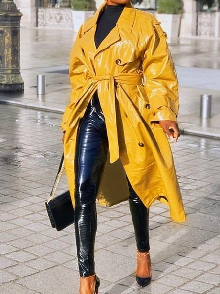Lapel Collar Regular Sleeve Pocket Stitching Urban Plain Faux Leather Coat With Belt, Yellow, Trench Coats
Lapel Collar Regular Sleeve Pocket Stitching Urban Plain Faux Leather Coat With Belt, Yellow, Trench Coats
