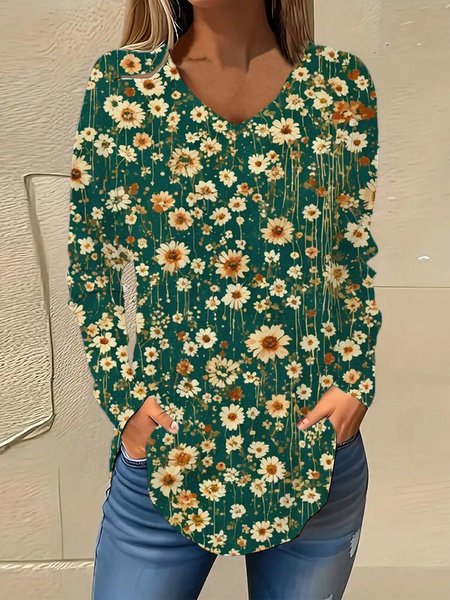 V Neck Long Sleeve Floral Regular Micro-Elasticity Loose Blouse For Women, Green, Blouses
V Neck Long Sleeve Floral Regular Micro-Elasticity Loose Blouse For Women, Green, Blouses