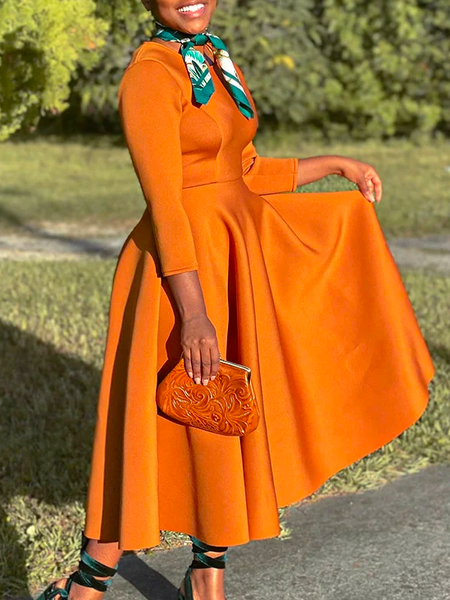 Regular Sleeve Elegant Crew Neck Dress, Orange, Midi Dresses
Regular Sleeve Elegant Crew Neck Dress, Orange, Midi Dresses