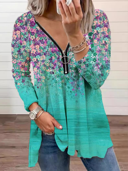 V Neck Long Sleeve Floral Zipper Regular Micro-Elasticity Loose Blouse For Women, Green, Blouses
V Neck Long Sleeve Floral Zipper Regular Micro-Elasticity Loose Blouse For Women, Green, Blouses