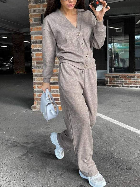 Women Plain V Neck Long Sleeve Comfy Casual Coat With Pants Two-Piece Set, Gray, Sets
Women Plain V Neck Long Sleeve Comfy Casual Coat With Pants Two-Piece Set, Gray, Sets