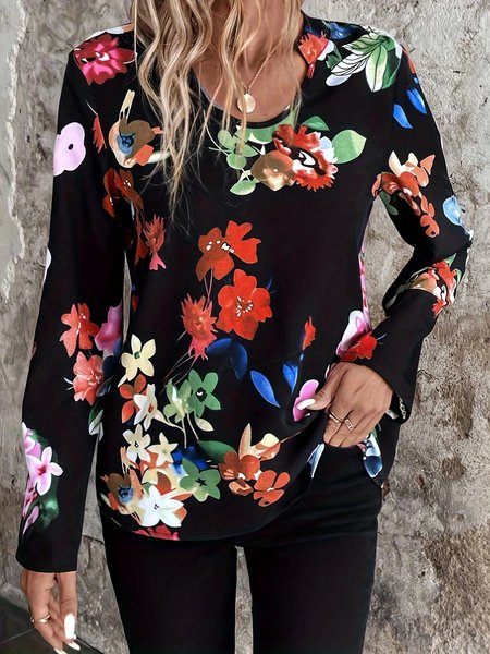 Long Sleeve Floral Regular Micro-Elasticity Loose Blouse For Women, Black, Blouses
Long Sleeve Floral Regular Micro-Elasticity Loose Blouse For Women, Black, Blouses